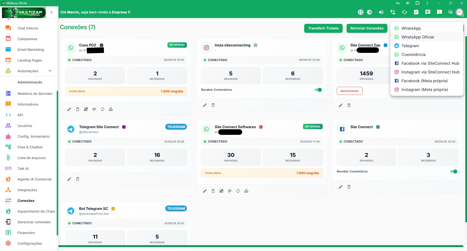 Tela de Conexões do Multizap Oficial